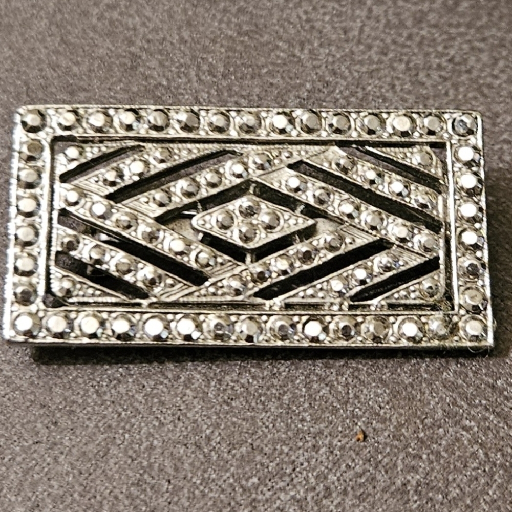 Vintage Art Deco Style Brooch Pin - Geometric Silver Rhinestones